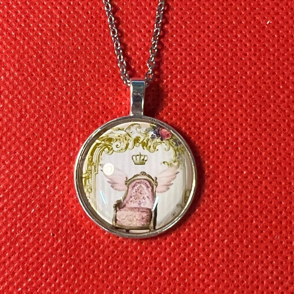 Marie Antoinette Pink Throne with Pink Wings Silver Tone Pendant Necklace